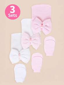 3 Sets Newborn Baby Big Bow Hat + Anti-Scratch Mittens Set, Knitted Cap For Daily Wear - Multicolor - View 6