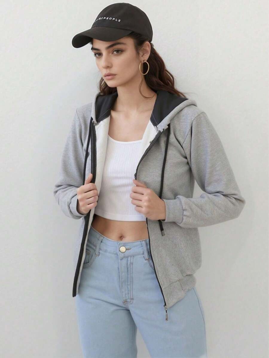 Women's Plain Cold Weather Sweatshirt With Zipper Direct From Factory For Winter - Gris Claro - Ver 1