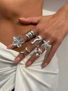 Set de 6 anillos de metal dorado vintage punk con elementos multicomponentes, decorados con elementos marinos como conchas, estrellas de mar y perlas falsas, se pueden usar solos o combinados, adecuados para atuendos diarios y de fiesta de la mujer, decoración de resort de playa, set de joyas de moda de verano