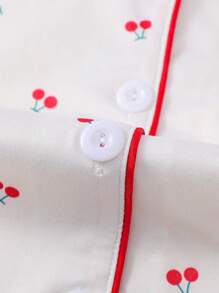 2 piezas Conjunto de pijama de manga corta para niños, nuevo estilo de verano cárdigan abierto con estampado de cerezas abstractas y lindas para niñas ropa de dormir y de estar por casa, adecuado para niñas