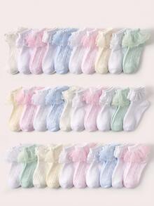 3/5/10/15pcs Kids Candy Color Lace Trim Socks, Fresh & Fashion, Skin-Friendly Breathable Casual Mesh Socks, Suitable For Daily Wear, Vacation, Holidays, Back To School, Random Color & Style