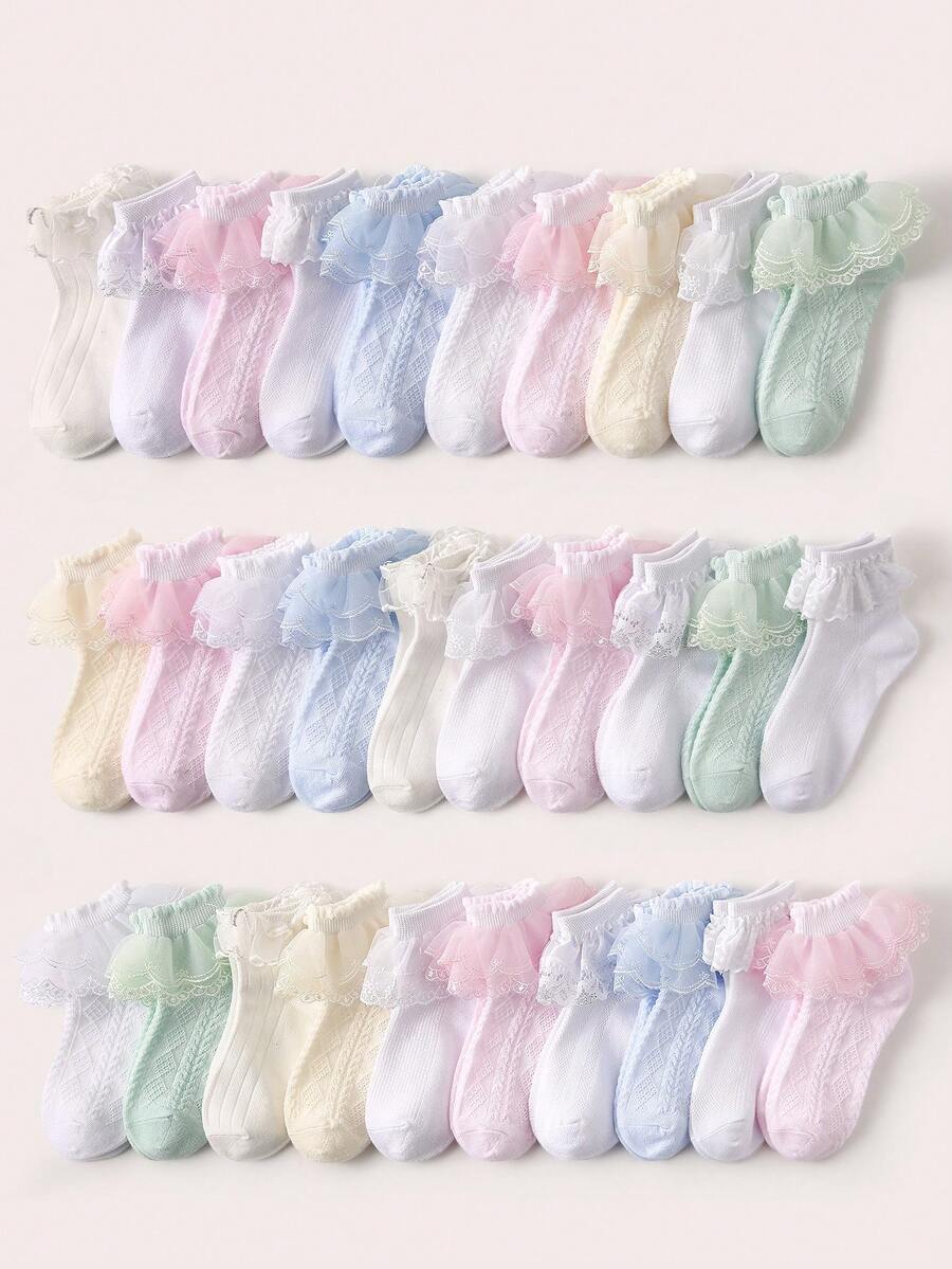3/5/10/15pcs Kids Candy Color Lace Trim Socks, Fresh & Fashion, Skin-Friendly Breathable Casual Mesh Socks, Suitable For Daily Wear, Vacation, Holidays, Back To School, Random Color & Style