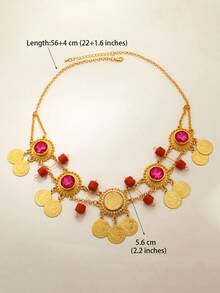 1 件阿拉伯金币流苏项链女士时尚亚克力宝石水晶花新娘婚礼珠宝 - 金黃色 - 查看 5