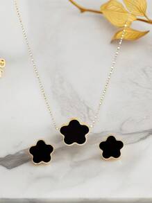 Conjunto de 3 peças de colar e brincos banhados a ouro e aço inoxidável, combinação de flor preta, design de estilo vintage moderno e versátil para homens, mulheres, casais, uso diário e festas