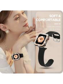 2pcs/Set Women Soft Silicone Sport Watch Strap Comfortable Adjustable Waterproof Wristband & Rhinestone Decor Glamorous Hollowed Out Anti-Fall Protective Case, Compatible With Apple Watch Band 40/41/42/44/45/46/49mm, Compatible With Apple Watch Series Ultra/SE/10/9/8/7/6/5/4, Intelligent Watch Accessories