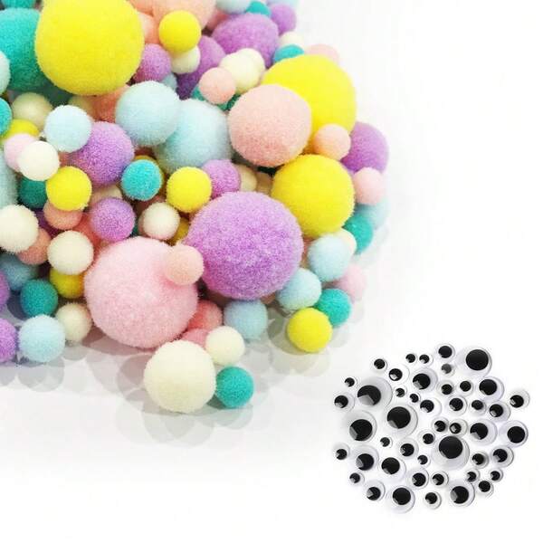Kit d'artisanat à pompons colorés, pompons multicolores avec des yeux noirs et blancs mobiles de tailles assorties, pour l'artisanat fait main, les décorations, le développement de l'imagination, les pompons moelleux convenant aux projets DIY, à la décoration et aux activités de la Saint-Valentin