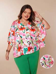 Loose Batwing Sleeve Floral Print Shirt For Women, Pink Single-Breasted V-Neck Half Sleeve Elegant Plus Size Blouse, Vacation Summer Wear