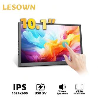 LESOWN 10.1 Inch Full HD 1024x600 Portable Touch IPS Display USB HDTV Dual Input Slim External Touchscreen Stereo Audio Compact Auxiliary Screen Travel Second Monitor Large Viewing Angle Multi-Device Compatibility For Laptop Windows PC
