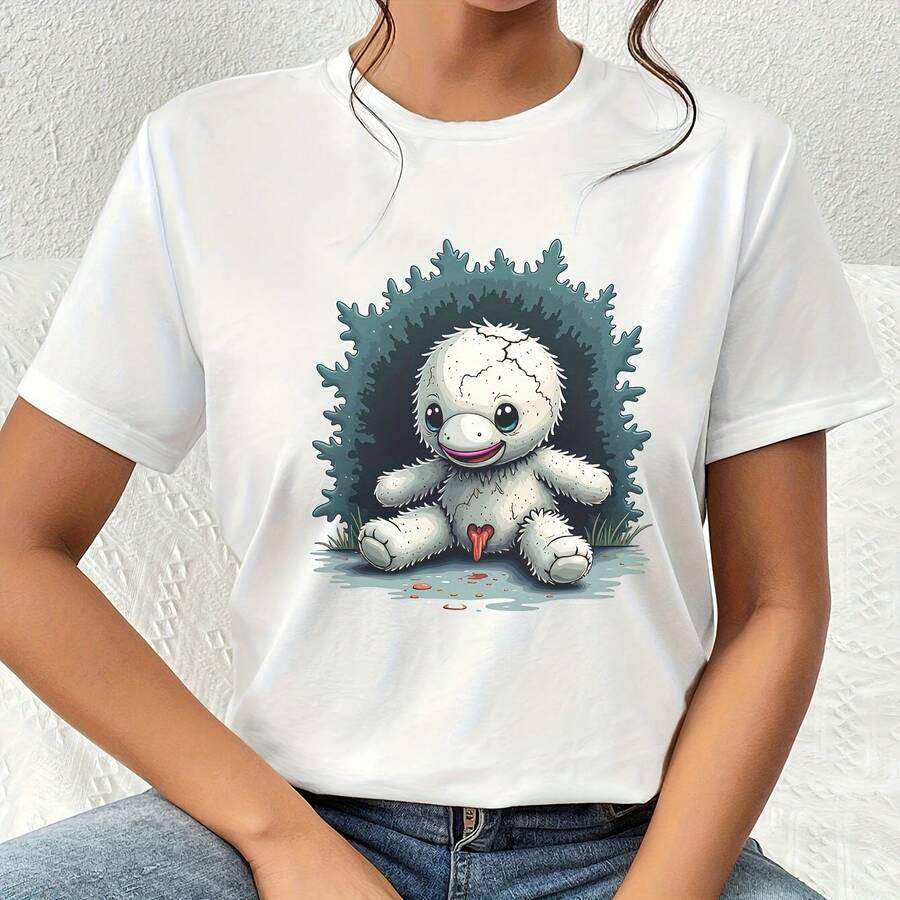 Cute Broken Heart Teddy Bear With Big Eyes All Season 220g Cotton Single Sided Printed Crew Neck Short Sve T Shirt - White - View 1