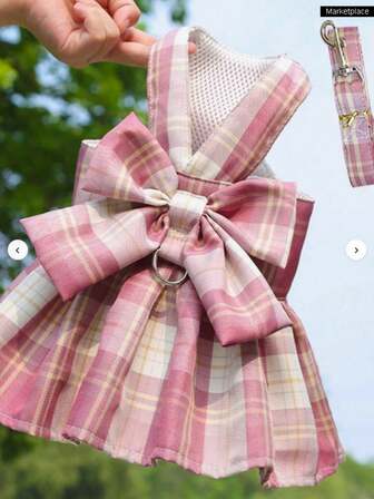 1PCPet JK Plaid Skirt Chest Strap Traction Rope Walking Dog Cat Vest Clothes Teddy Party
