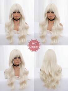 1-Piece Synthetic Heat Resistant Long Curly Wavy Hair With Bangs Wig Golden 28 Inch Fully Machine Woven Daily Natural Realistic Wig