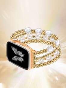 Pulseira de relógio feminina, pulseira de relógio com contas de pérola douradas, compatível com 38/40/41/42/44/45/46/49 mm, compatível com Ultra/Se/10/9/8/7/6/5/4/3/2/1, feita à mão, pulseira elástica leve, estilo retrô, adequada para uso diário e como presente de aniversário, pulseira de relógio
