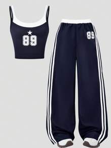 Girls' Fashion Casual Fashion New 2 Pieces Vest Set, Digital Print, Tank Top Paired With Side Pants With White Striped Long Pants, Suitable For Summer Outdoor Wear, Daily Gatherings, Travel, Etc