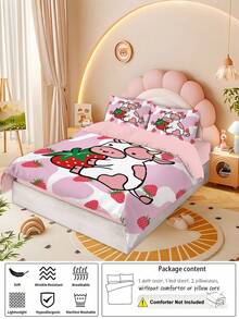 Strawberry Cow Print Bedding Set, 4pcs Single Bed Set (1 Duvet Cover + 1 Bed Sheet + 2 Pillow Cases, Without Comforter And Pillow Inserts), Soft And Machine Washable, Suitable For Girls Bedroom, Living Room, Dormitory - JYZ-sJT0664 - View 5