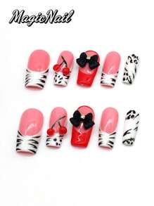 10 Pieces Of Pure Hand-Pressed Wearing Nail, 25mm Square Nail Pieces, Flesh-Colored White Contrast, Flesh-Colored Red Contrast, Hand-Painted Green Lines With Red Rhinestones To Form Cherry Shape, Black Bow Ornaments, Hand-Painted Black Lines, Spots. Spring And Summer Style, Suitable For Daily Leisure Vacations, Wearing During Dances, Banquets, Parties And Other Activities.