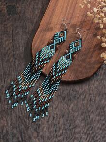 1 Pair Women's Fashion Bohemian Style Long Tassel Earrings With Blue, Brown, Gold And Black Beaded Geometric Design, Elegant Handmade Versatile Jewelry For Daily And Party Wear, Great Gift For Holidays