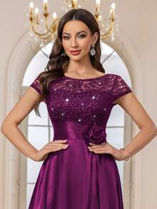 MIUSOL Sequin Floral Lace Colorblock Satin Ruffle Hem Formal Party Maxi Dress - Maroon - View 8