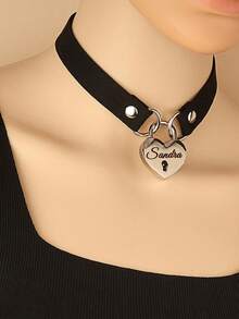 1pc Silver Heart Lock Pendant On Black Leather Collar, Customized Couple Bondage Strap, Festival/Birthday/Anniversary Gift Customized Collar - Multicolor - View 5