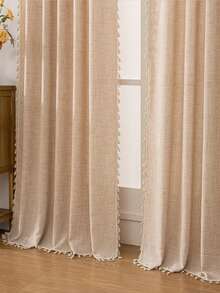 1pc Linen Texture Fringe Edge American Style Curtain, Semi-Sheer Privacy Curtain For Bedroom Window Privacy Blocking, Living Room Sheer Drape - Khaki - View 5