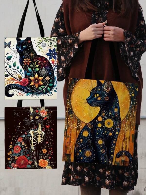 1 Piece Cat Patterned Tote Bag, Perfect For Shopping, Stylish Women's Shoulder Bags, Easy To Access, No Closure, Perfect For Everyday Use, Everyday Tote Bags Unique And Stylish Tote Bags