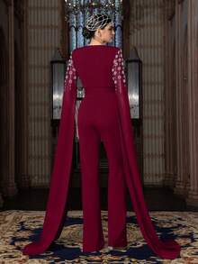 Faeriesty Elegant Jumpsuit With V-Neck & Intricate Pearls Embellishments – Dramatic Flowing Cape For Luxury Evening Banquets, High-Profile Galas & Formal Award Shows