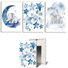 1 Stück Wandkunst Poster wahlweise mit Rahmen Dekor, Baby Mädchen Elefant Kinderzimmerdekoration - Baby Jungen Zimmer Dekorationen für Kinderzimmerwand, blaue Mond und Sterne Kinderzimmerkunstdrucke, süßes Elefantenposter Tierbild für Schlafzimmer