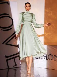 Green Long Sleeve Stand Collar Polyester Maxi Evening Dress - Green - View 2