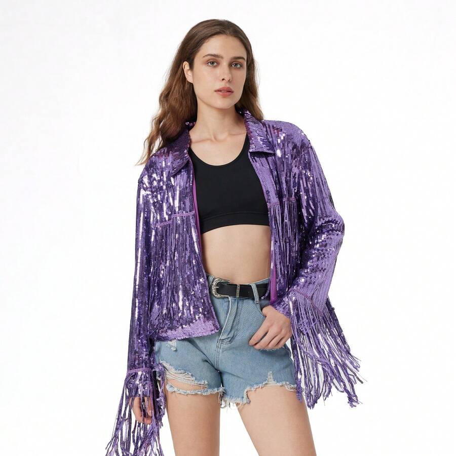 Plain Casual Sequin Fringe Jacket   Disco Cowgirl Outfit Night Out Birthday Party  Formal & Evening - Màu tím - Xem 1