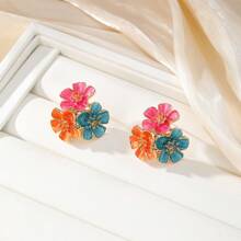 Pendientes florales de metal geométrico con efecto de goteo de aceite, pendientes asimétricos de rayas estilo playa
