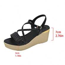 Women's Black Woven Strap Faux Diamond Decor Platform Wedge Sandals, Youth Fashionable Boho Style Casual Versatile Holiday Platform Wedge Sandals - Black - View 9