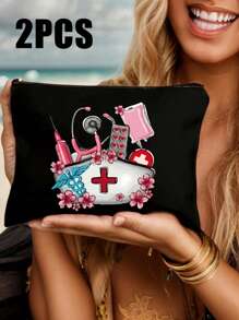 Sac de rangement thème infirmière, sac de beauté, trousse de maquillage avec motif de casquette d'infirmière, tube à aiguille, pilule, sac de perfusion, stéthoscope - Un cadeau parfait pour les infirmières ! Peut ranger les cosmétiques, les outils de beauté, le vernis à ongles, les pilules et d'autres articles, adapté pour sortir