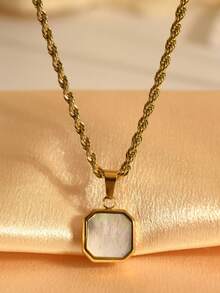 MECYLIFE 1pc Men's Natural Black Shell Square Pendant Necklace With Twisted Rope Chain, Geometric Design - Gold + Black Shell - View 4