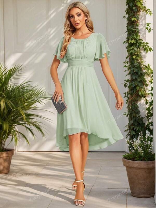 EVER-PRETTY Elegant Ruffle Sleeve Pleated Chiffon Bridesmaid Dresses Formal Dress Wedding Guest Gown