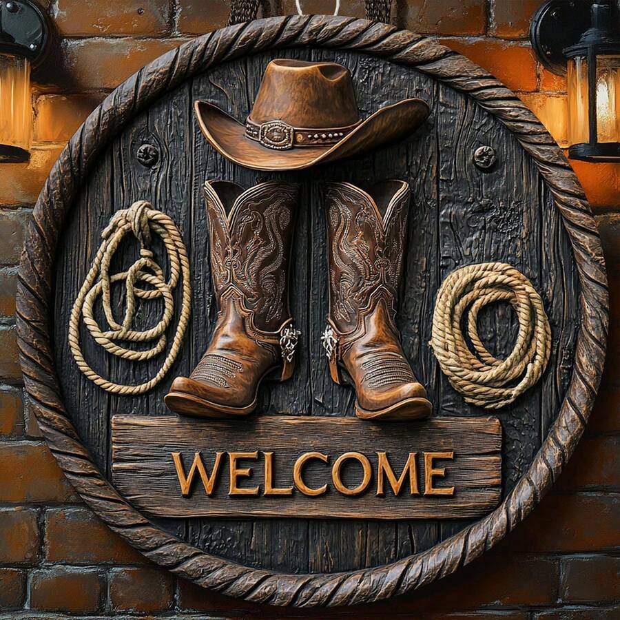 1 pieza Letrero de metal retro de vaquero de bienvenida, cartel de metal divertido, impresión plana 2D de uso múltiple, fácil de colgar, adecuado para habitación, hogar, cocina, oficina, jardín, exterior, dormitorio, sala de estar, cafetería, comedor, garaje, decoración de bar - Multicolor - Ver 1