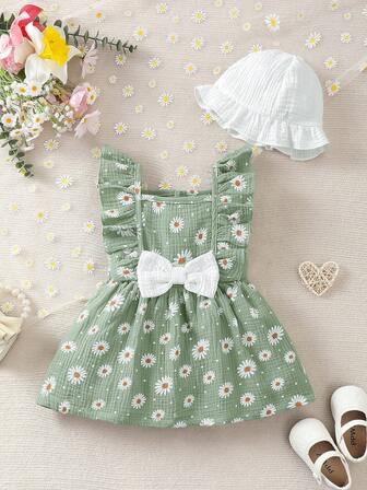 2 件套女婴夏季心形褶皱蝴蝶结装饰无袖连衣裙和可爱帽子，舒适百搭夏季休闲连衣裙套装