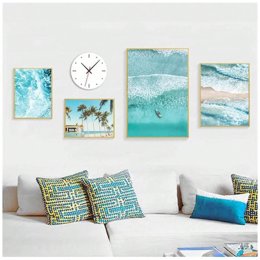 1pc Gift Scandinavian Tropical Landscape Posters Modern Prints Sea Beach Bus Palm Tree Wall Arts Canvas Painting Nordic Decoration Optional Frame ,Wall Art With Frame - Multicolor - View 1