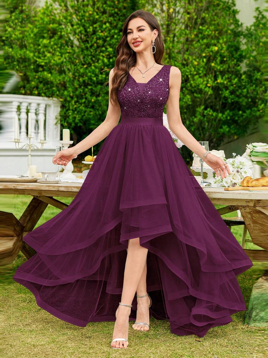 MIUSOL Elegant Women's Maroon Sequin Floral Lace V-Neck Sleeveless Mesh Swing Maxi Dress With Layered Ruffle High Low Hem, For Formal Wedding Guest, Prom, Graduation, Evening Party, Dinner - 紫紅色 - 查看 1