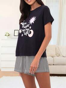 Set de 2 piezas de pijama informal de verano para mujer con estampado de letras, manga corta y pantalones cortos sueltos