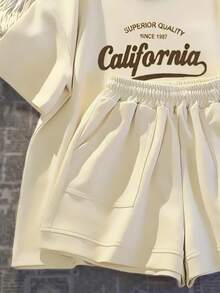 California Print Girls Summer Outfit Set Since 1987, Short Sleeve T-Shirt And Casual Shorts With Fashionable Pockets, Suitable For Outdoor - 杏色 - 查看 5