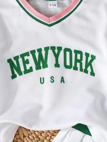 2pcs Baby Girl Girls Casual Letter Graphic Print Short Sleeve Top Matched With Pleated Skirt Sports Outfit, Suitable For School, Holiday, Cheerleading, Summer