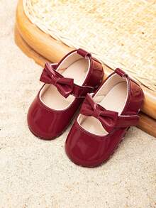 Infant Shoes With Hook And Loop & Bow Decor, Non-Slip Elegant Princess Flats For Toddlers - Red - View 1