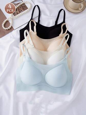 4pcs Seamless Wireless Bra Set, Small Bust Enhancing, Ultrathin Breathable Ice Silk Sexy Comfortable Backless Lingerie Bras