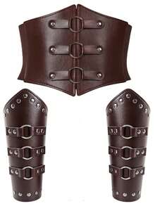 3PCS Medieval Wrist Strap Belt Set Viking Warrior Pirate Armor Artificial Leather Set Role-Playing Accessories Halloween - A - View 4