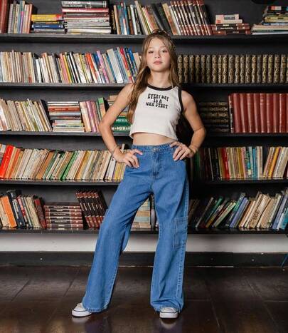 Calça Jeans Cargo Feminina Infantil Juvenil Meninas Estilosa Premium 10 ao 16
