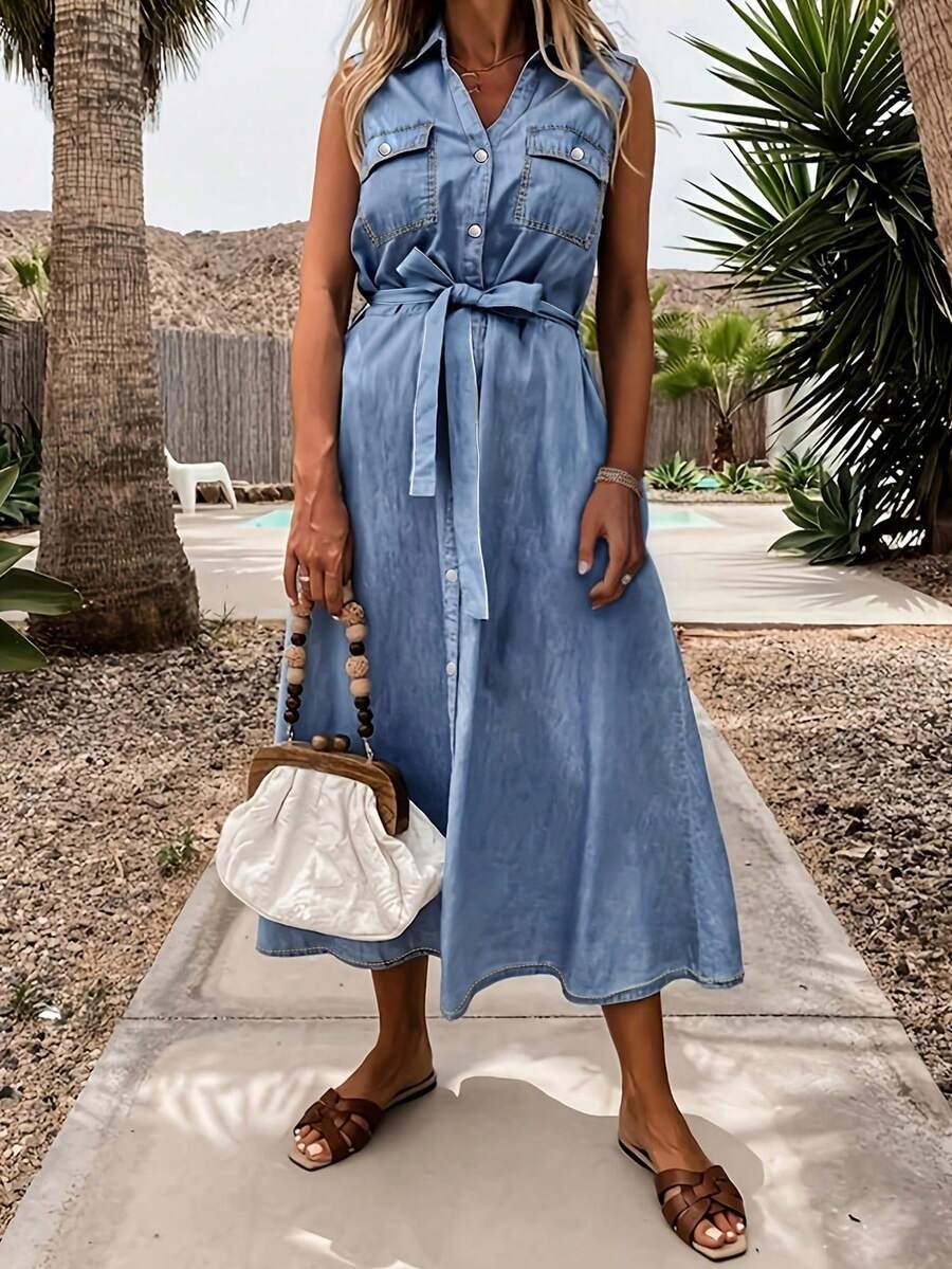 Sleeveless Button Front Denim Dress For Women With Belt - Light Wash - View 1