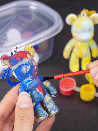 1set Bear Shaped Fluid Art Diy Painting Material Kit, Creative Gypsum, Keychain, Children's Puzzle Toy, Stress Relief Toy, Birthday Gift, Perfect Birthday Gift (Some Accessories, Colors, Text, Patterns, Shapes Are Random)