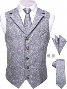 Men's Jacquard Vest Suit Set (Includes Tie, Cuff, Handkerchief)- Elegant Tuxedo Waistcoat For Weddings, Homecoming, Cruise & Formal Events | Dress Vest Jacket With Jacquard Pattern - Silver - View 2