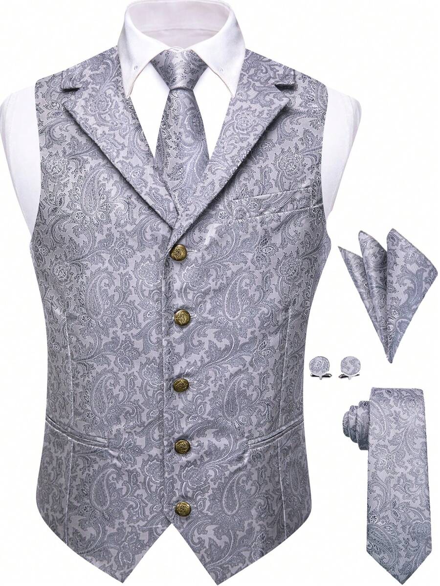 Men's Jacquard Vest Suit Set (Includes Tie, Cuff, Handkerchief)- Elegant Tuxedo Waistcoat For Weddings, Homecoming, Cruise & Formal Events | Dress Vest Jacket With Jacquard Pattern