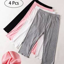 4 Pairs Summer Girls/Kids/Infants Ruffle Edge Capri Leggings, White/Gray/Black/Pink Solid Colors, Thin 3/4 Length Pants, Casual Cute Fashion, Soft & Comfortable Bottoms, Suitable For Daily Wear, Can Be Paired With Tops Or Skirts