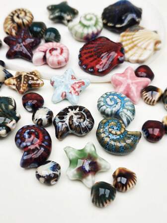 6 件套海滩度假风格陶瓷贝壳、海星、海螺、扇贝珠，DIY 珠宝制作和装饰珠，适用于项链、手链、手机链、耳环、钥匙扣